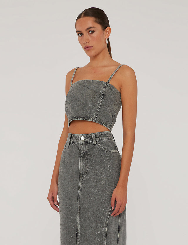 ROTATE Birger Christensen - Rhinestone Denim Top